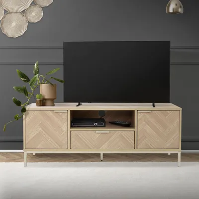 Produktbild von ML-Design TV-Lowboard, Holz & Stahl, Gold, Fischgrätenmuster, Eiche-Optik, 120 x 41,5 x 45 cm, mit 1 Schublade, Fächern & 1 Tür, 6cm Kabeldurchführung, wasserdichte Schicht, Bodenschoner, Kippschutz