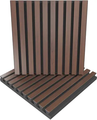 Produktbild von 2er-Pack – Lamellen-Schallabsorptions-Diffus-Akustikplatte | 50 x 50 x 5 cm | Farbe: (POLE, Nussbaum)