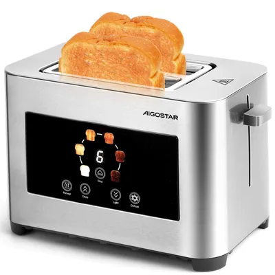 A silver Aigostar toaster with bread inside, displayed on a white background. The toaster has a digital display showing toasting levels and functions.