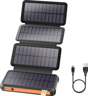 Image de Banque d'énergie solaire - 26800 mAh Batterie externe - QC/PD 22,5 W Charge rapide - 3 sorties - 4 Panneaux solaires pliables - Lampe de camping LED - Beige