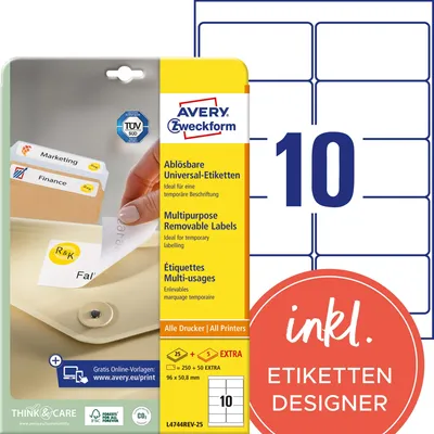 Obrázek produktu pro Avery Zweckform L4744REV-25 Univerzální etikety, 96 x 50,8 mm, 25 listů/250 etiket, bílá barva