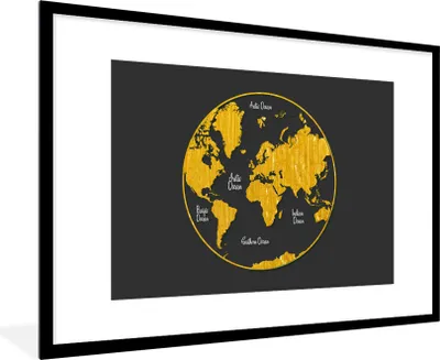 Produktbild von MuchoWow® Gerahmtes Poster Weltkarte - Kreis - Gold 90x60 cm - Poster mit Schwarzem Bilderrahmen Wandposter Rahmen Foto Bilder - Wanddekoration - Fotos