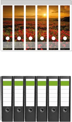Produktbild von Wallario 6 Stück breite Ordner inkl. Klebeetiketten mit Motive Mohnblumenwiese bei Sonnenuntergang am Abend -  Set mit Rückenschildern / Ordnerrücken Stickern