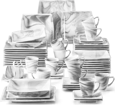 Produktbild von MALACASA, Blance, 60dílný jídelní servis, porcelánový kombinovaný servis, sada nádobí s kávovým servisem, sada talířů, mramorově šedá barva