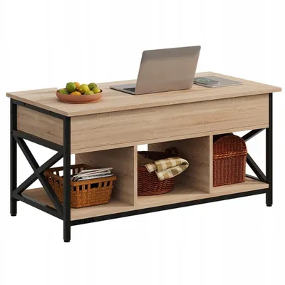 Zdjęcie produktu dla Ława stolik drewniany kawowy loft rozkładany podnoszony schowek brąz 100 cm