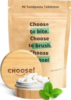 Produktbild von CHOOSE Zahnputztabletten mit Bambus Aufbewahrungsbox | Tabletten von natürliche Zahnpasta 90 Stück | Plastikfrei Zähneputzen, vegan und umweltfreundlich | Nachhaltige Zahnpasta Tabletten mit Flurid