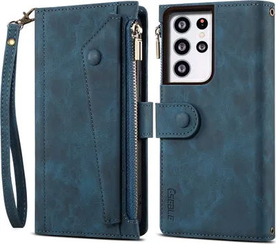 Produktbild von Schutzhülle für Samsung Galaxy S21 Ultra 5G Reißverschluss Hülle, Leder Klapphülle Kartenfach Standfunktion Brieftasche mit Trageband Blau