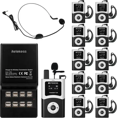 A collection of Retekess T130U tour guide system components, including a charging base with multiple USB ports, a transmitter with a microphone, and multiple receivers with earbuds, arranged on a white background.