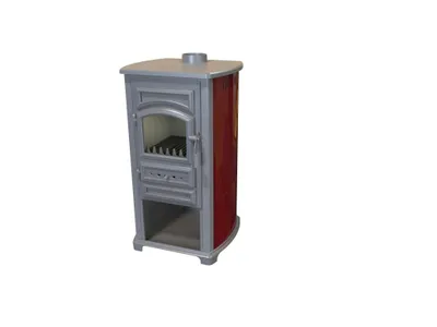A red and gray wood-burning stove is shown against a white background.