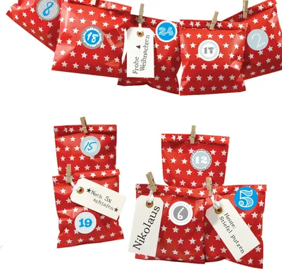 Produktbild von DIY Adventskalender zum Befüllen Bescherung, Papiertueten flach 13x16,5cm, rot Stern, Ziffern blau
