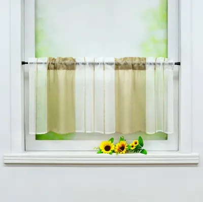 Produktbild von Joyswahl Scheibengardine Voile Bistrogardine mit Tunnelzug gestreifte Küche Gardinen Kurz Vorhang Beige BxH 45x120cm