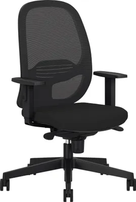 A black office chair with a mesh back and adjustable armrests is shown against a white background.