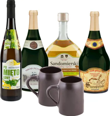 Produktbild von Setz von 4 Mets mit Keramikkrügen (Honigwein Dwójniak-Halber / 3x Trójniak-Drittel) | 3000ml | 13-16% Alkohol Metwein | Polnische Produktion
