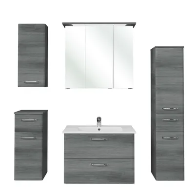 Produktbild von Badmöbel-Set, Quickset 328 Pelipal, Keramik-Waschtisch, LED-Spiegelschrank, Midischrank, Hängeschrank und Unterschrank, Graphit-Struktur