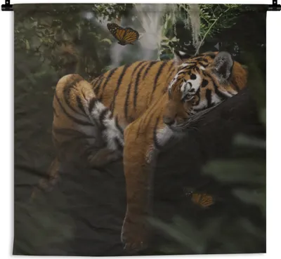 Produktbild von MuchoWow® Wandteppich Wandbehang Schmetterling - Dschungel - Tiger 150x150 cm Tapisserie Dekoration Wandtuch - Wohnaccessoires - Modernes