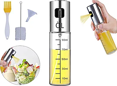 A collage of images showing an oil sprayer bottle, its accessories, and a hand using it to spray oil on a salad.