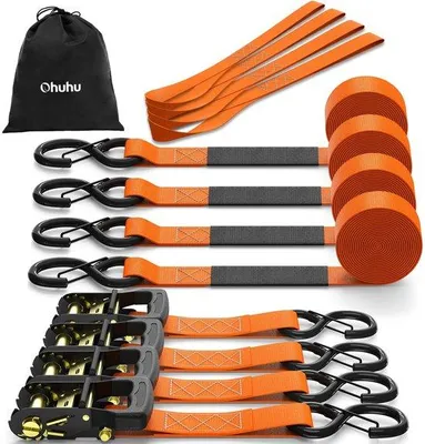 Obrázek produktu pro Oranžové bezpečnostní popruhy s ráčnovým mechanismem, balení po 4 kusech, 4 cm x 4,6 m, odolné proti přetržení, dvojité vinutí, bezpečnostní popruhy pro motocykly a terénní vozidla