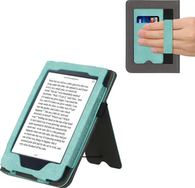 Produktbild von kwmobile Hülle kompatibel mit Kobo Nia Hülle - Flip Case mit Handschlaufe - Kunstleder Cover - Mintgrün Dunkelgrau
