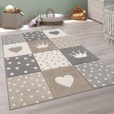Produktbild von Teppich Kinderzimmer Kinderteppich Junge Mädchen Pastell 3D Punkte Herz Beige Grösse 240x340 cm