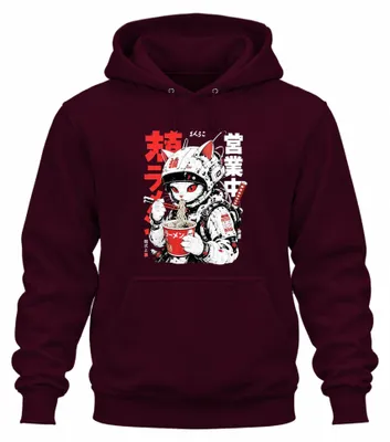 Immagine prodotto di Felpa con cappuccio, stile anime giapponese, con motivo "Ramen Katze Astronaut", ispirata allo stile Y2K, in stile manga, colore bordeaux, taglia L