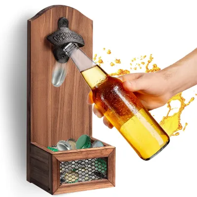 Wand-Flaschenöffner mit Deckelfänger, Holz, 30 cm
