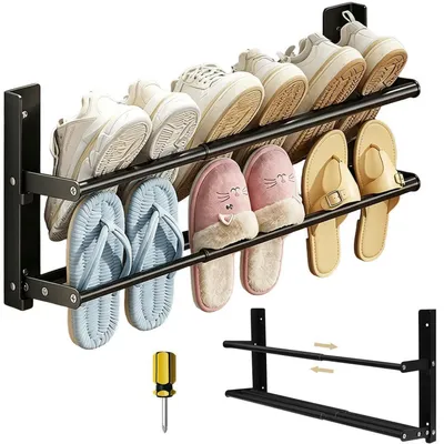 Immagine prodotto di Scaffale a parete per scarpe, metallo, estensibile da 37 a 67 cm, colore nero, per 6 paia di scarpe