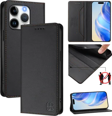 Produktbild von Lederhülle für iPhone 15 Pro Hülle Flip Brieftasche Kartenfächern Ständer Schutzhülle Schwarz