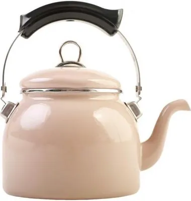 A pink kettle with a black handle and silver accents is shown against a white background.