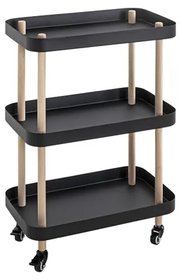 Beistelltisch auf Rollen, Massivholz, schwarzes Metall, 50x76x30 cm