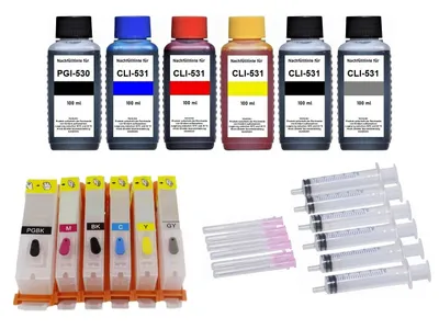 A collection of ink bottles, refill cartridges, and syringes arranged on a white background.