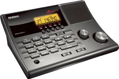A close-up, angled view of a Uniden UBC370CLT scanner.