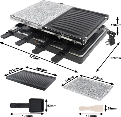 Image de UISEBRT Gril à raclette pour 8 personnes Multi-Grill avec plaque en pierre et plaque de gril 1400W Gril de table- 8 poêlons et spatules en bois Température réglable en continu pour grillades en intérieur