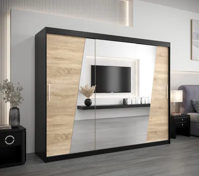 Produktbild von Schwebetürenschrank GABRIELA – Breite 250 cm, Schwarz / Eiche Sonoma