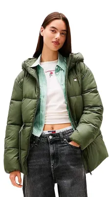 Image de TOMMY JEANS - Veste matelassée mi-longue à capuche pour femmes, modèle TJW DW0DW21626, couleur verte, taille S, couleur verte
