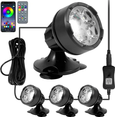 Produktbild von 4er Set LED RGB Teichbeleuchtung Bluetooth Unterwasser Lampe Wasserdicht Scheinwerfer mit Saugnäpfe und Erdspieß