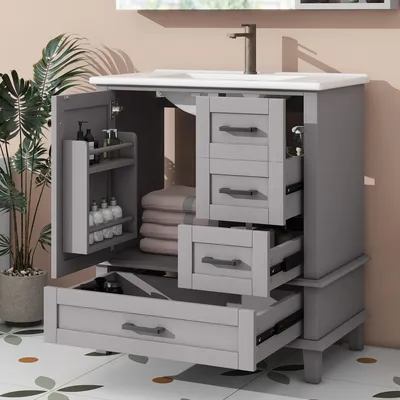 Produktbild von Badezimmerschrank mit Waschbecken 76x46x83.5cm Grau Waschtisch freistehend