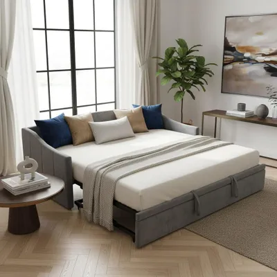 Produktbild von INONEFT Multifunktionales ausziehbares Schlafsofa 90 x 200 cm mit Schlaffunktion und Lattenrost, tagesbett für Wohnzimmer und Gästezimmer, Samt, grau