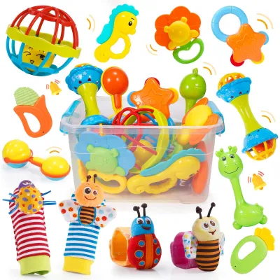 Produktbild von Baby-Beißring-Rassel-Set, 14 Stück, Silikon, für Babys 0-12 Monate, für Babyerstausstattung