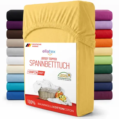 Produktbild von EllaTex Jersey Topper Spannbettlaken 90x200–100x200 Baumwolle – weich, atmungsaktiv, Spannbetttuch für Topper 7–12 cm, in Farbe: Gelb