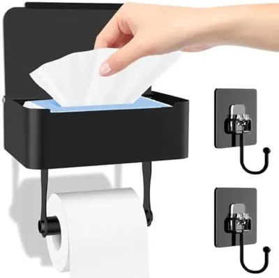 Produktbild von PromoHome® Toiletpapierhalter mit Ablage und Feuchttücherbox – Selbstklebend oder Bohren, Schwarz, 21x10x14 cm