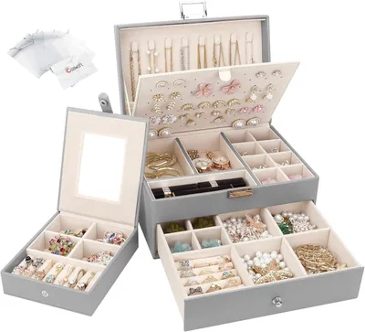 Produktbild von Schmuckkästchen mit 2 Ebenen mit Schubladen, Kunstleder Schmuckbox, Grau