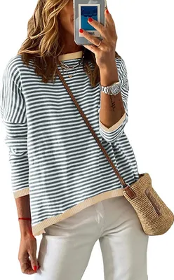 Image de ASKSA Femme Pull rayé col rond manches longues Sweat décontracté Pull élégant en maille Sweat-shirt, Gris foncé, L