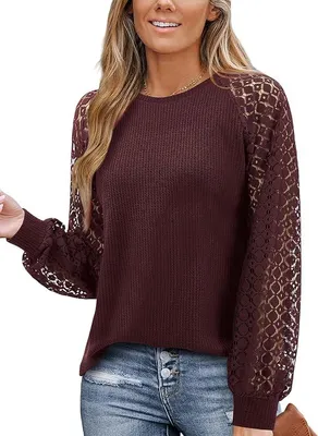 Produktbild von Elegante Damenbluse mit langen Ärmeln aus Spitze in Maroon Baumwolle XL