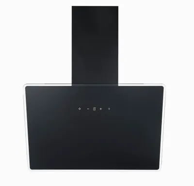 A black kitchen range hood with a glass front and a control panel.