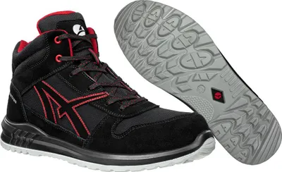 A black and red high-top safety shoe and its sole are displayed against a white background.