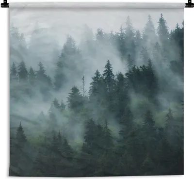 Produktbild von MuchoWow® Wandteppich Wandbehang Nebel - Bäume - Wald 90x90 cm Tapisserie Dekoration Wandtuch - Wandaufhänger