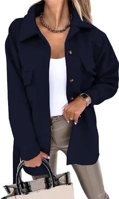 Produktbild von ASKSA Women's Single Breasted Shirt Jacket Long Sleeve Cardigan Coat Plain Outwear with Belt, Dunkelblau, L