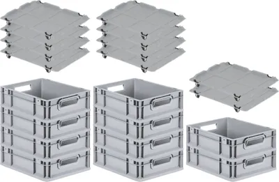 Produktbild von SparSet 10x Eurobox NextGen Grip mit Auflagedeckel inkl. 4 schwarzen Schiebeschnappverschlüssen | HxBxT 12x30x40cm | 11 Liter | Grau | Griffe offen | Glatter Boden | Eurobehälter, Transportbox, Transportbehälter, Stapelbehälter