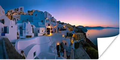 Produktbild von MuchoWow® Poster Fischerdorf Oia bei Santorini Griechenland mit Sonnenaufgang 80x40 cm - Wanddeko