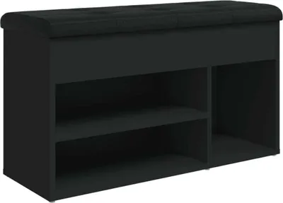 A black shoe bench with storage compartments and a cushioned top.